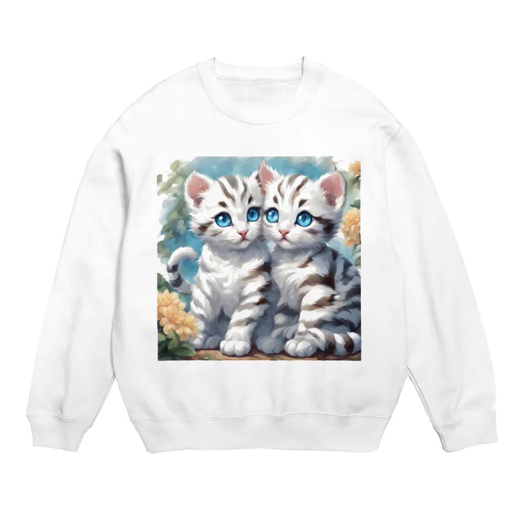 yoiyononakaの虎縞白猫兄弟のまなざし02 Crew Neck Sweatshirt