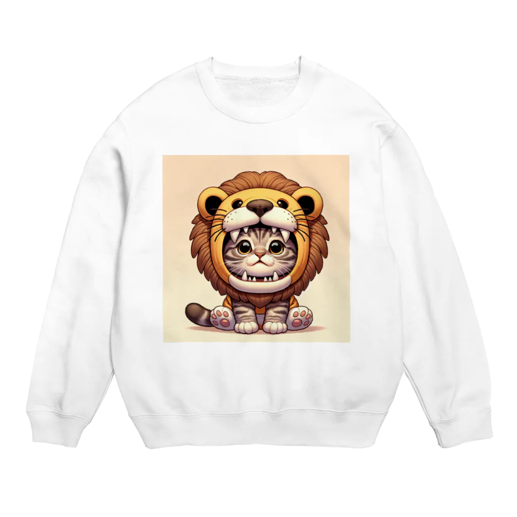 IloveCatのライオンのフードが座っている子猫 Crew Neck Sweatshirt