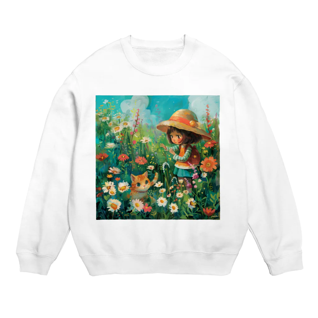 AQUAMETAVERSEのお花畑に囲まれる猫ちゃんと私 アメジスト 2846 Crew Neck Sweatshirt