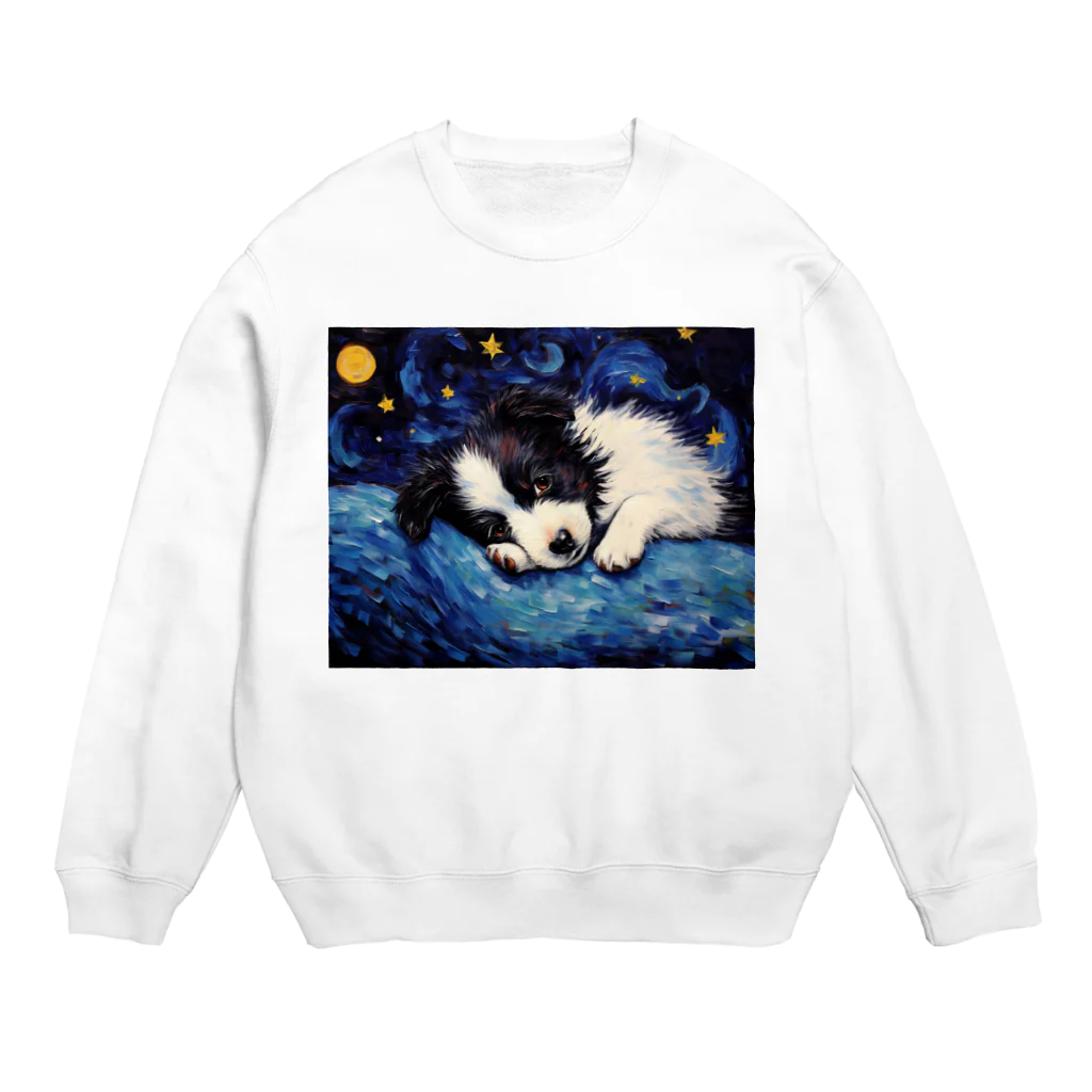 Dog Art Museumの【星降る夜 - ボーダーコリー犬の子犬 No.2】 Crew Neck Sweatshirt