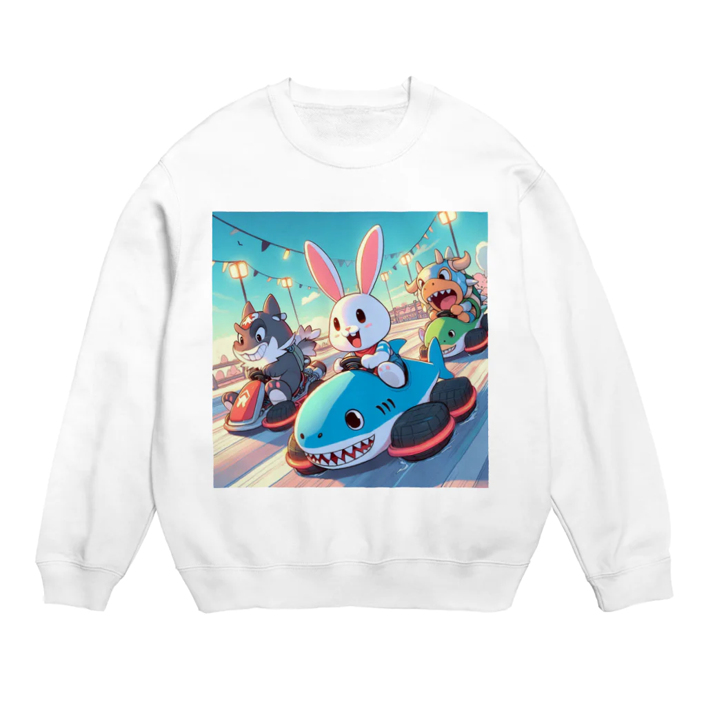 takoyakimagicのカワイイうさぎとクールな牛が、まるでマリオカートのようなスピード感を楽しむカーレース中！ Crew Neck Sweatshirt