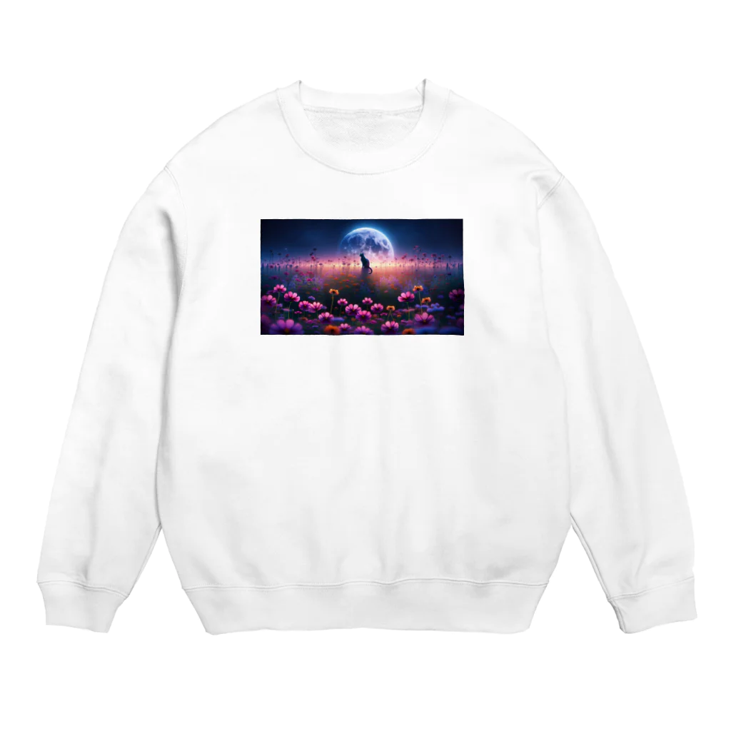 space catの花畑と猫と満月と Crew Neck Sweatshirt