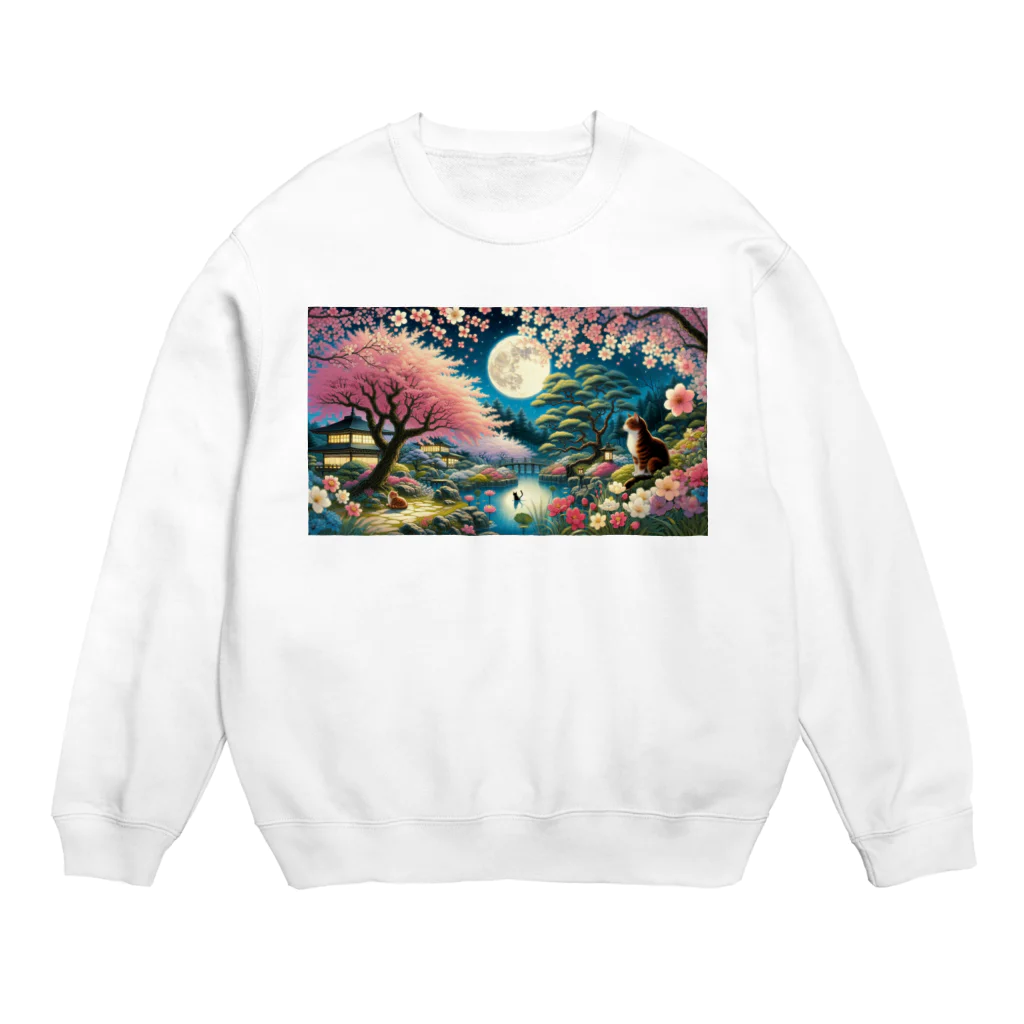 space catの夜桜と猫 Crew Neck Sweatshirt