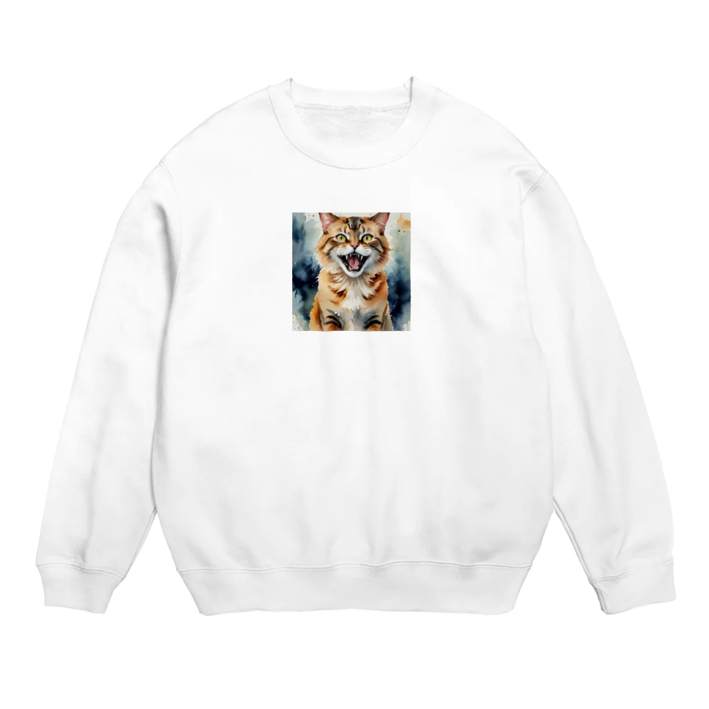 おさけふざけ＠アル中戦隊の怒った猫の表情が鮮やかに描かれた水彩画 Crew Neck Sweatshirt