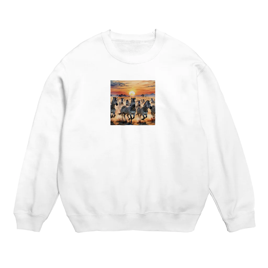 nigihayahiの夕焼けを走るシマウマ Crew Neck Sweatshirt