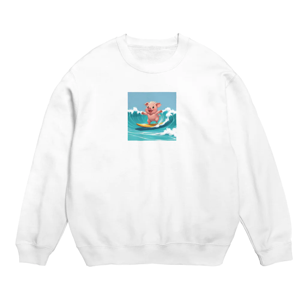 ganeshaのかわいいブタのサーフィンウェーブ Crew Neck Sweatshirt