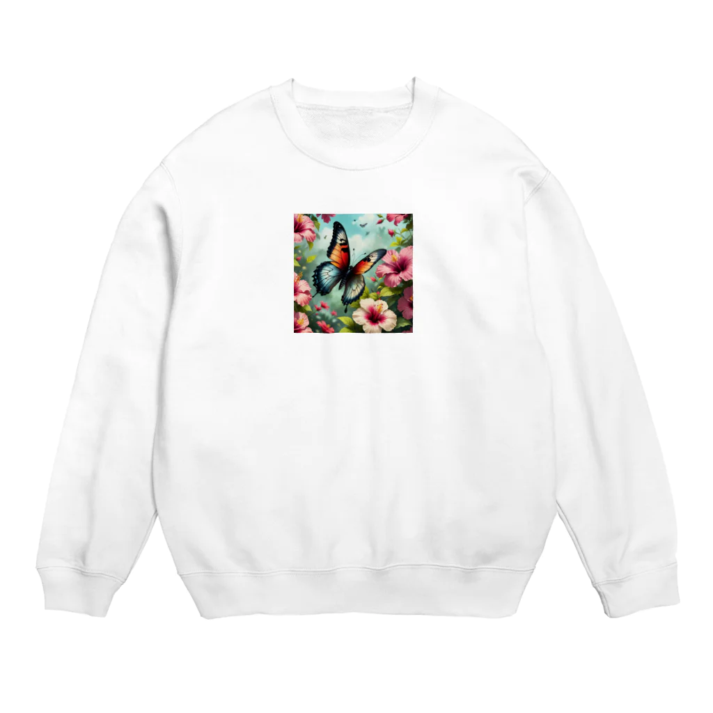 Sunbathingのハイビスカスと共に夏の風を感じる蝶 Crew Neck Sweatshirt