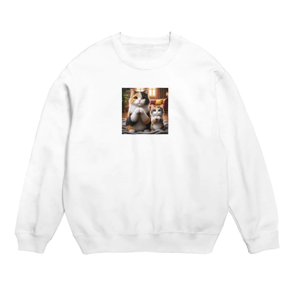 亀蘭タマムシの三毛猫親子のお願い Crew Neck Sweatshirt