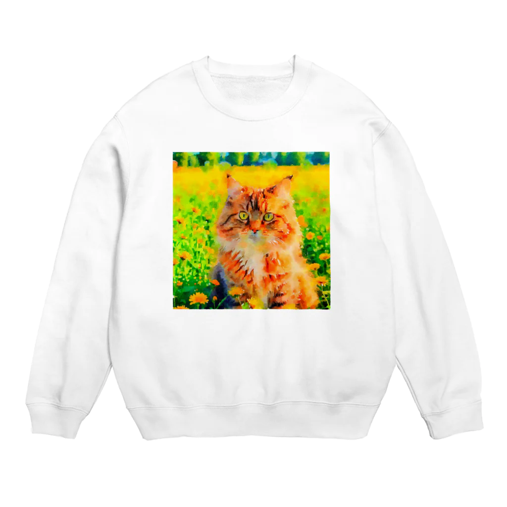 猫好きの谷の猫の水彩画/花畑のサイベリアンねこのイラスト/キジトラネコ Crew Neck Sweatshirt