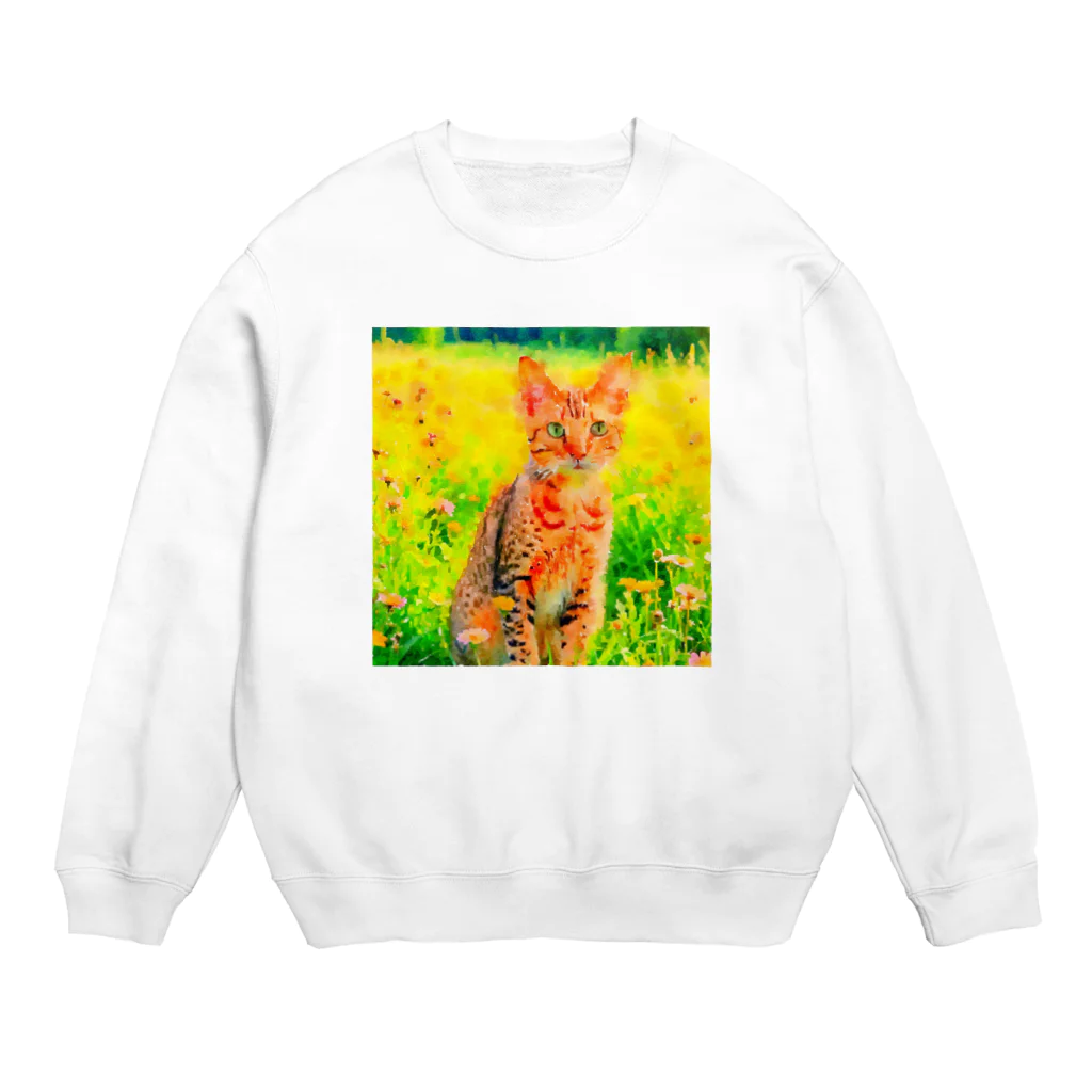 猫好きの谷の猫の水彩画/花畑のオシキャットねこのイラスト/キジトラネコ Crew Neck Sweatshirt