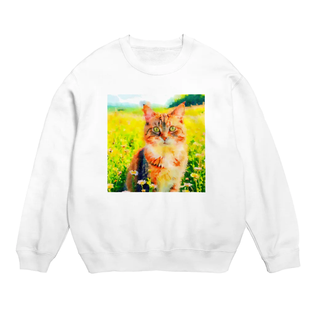 猫好きの谷の猫の水彩画/花畑のマンクスねこのイラスト/キジトラネコ Crew Neck Sweatshirt