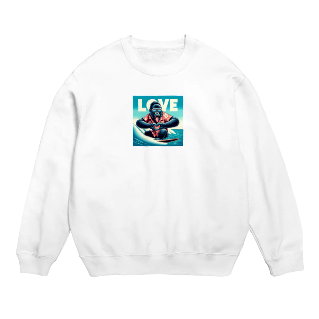 まんじゅ王国の夢中になって波乗りする、サーフィン上手なゴリラ Crew Neck Sweatshirt