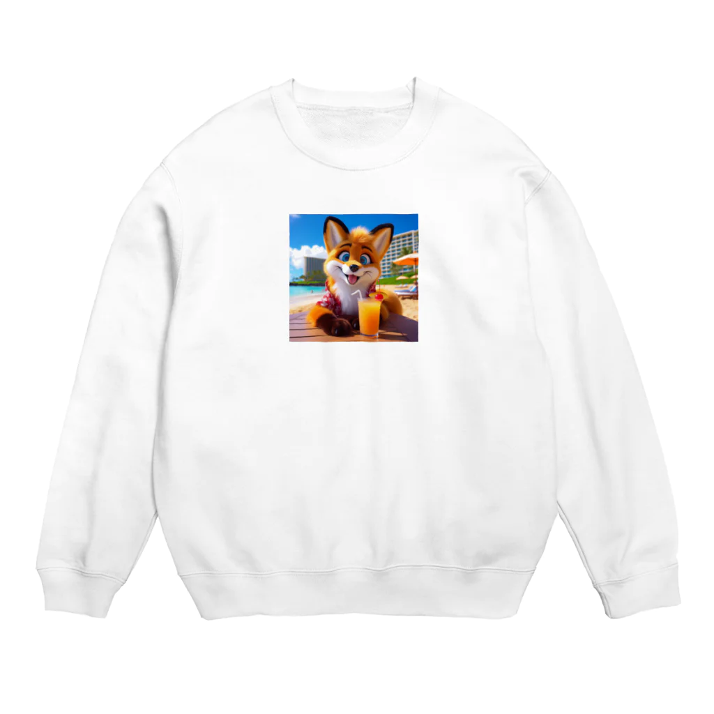 YFCのハワイのリゾートビーチでトロピカルドリンクを飲んでいる陽気なキツネ④ Crew Neck Sweatshirt