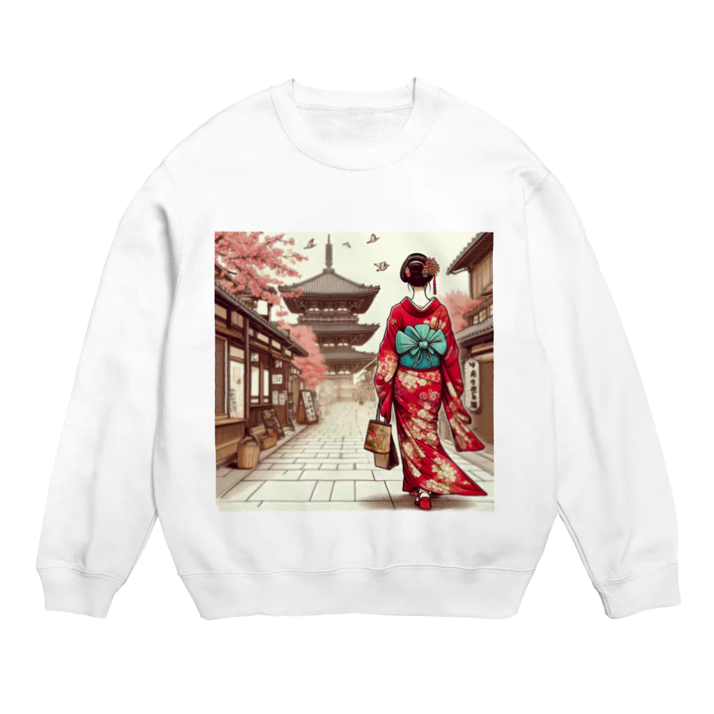 yuchijapanの京都を歩く着物美人イラスト Crew Neck Sweatshirt