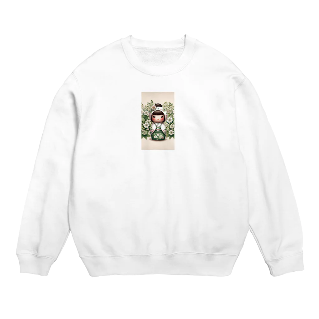 ぷぷオレンジのkokeshi dolls白い花 Crew Neck Sweatshirt