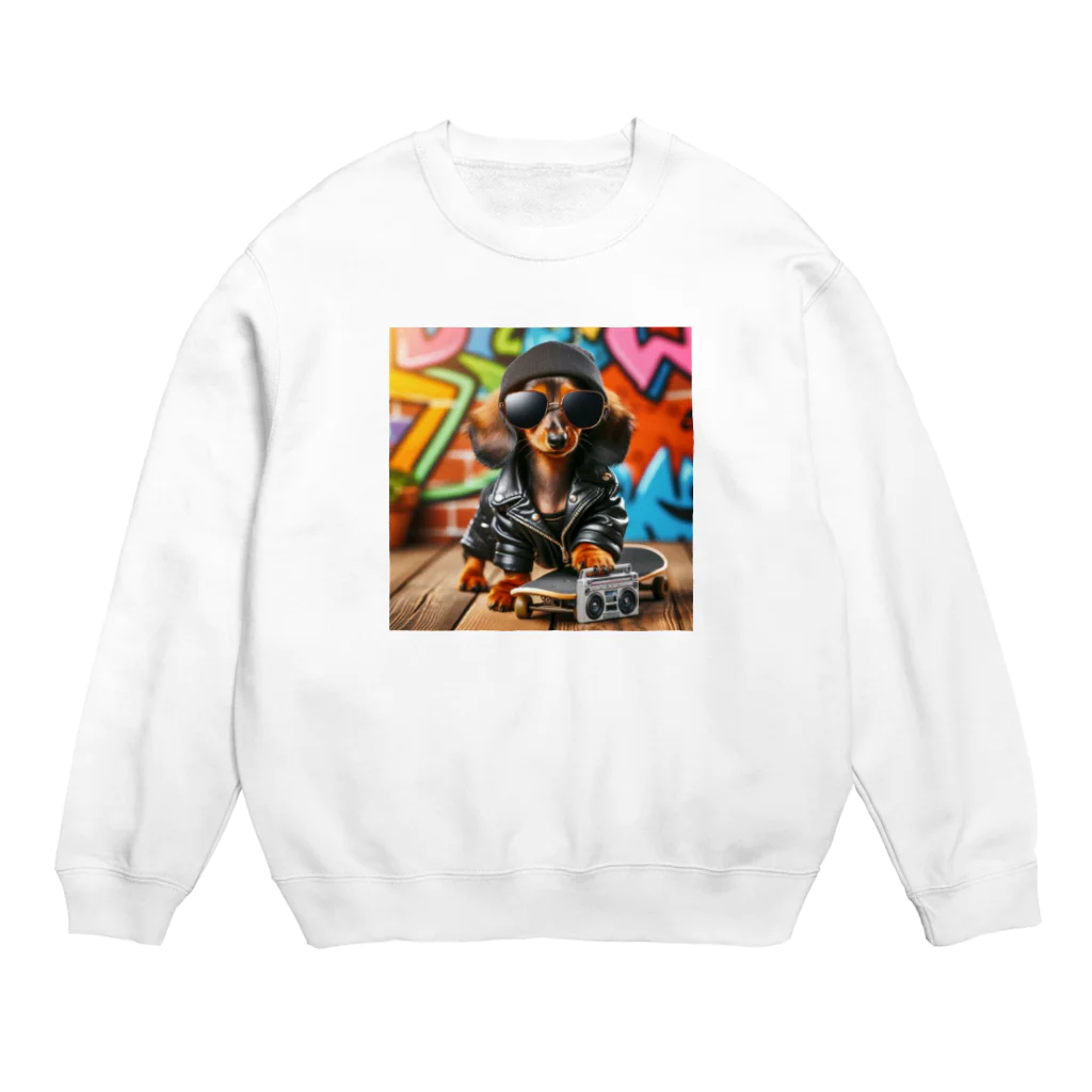 W-designのロックに決めているミニチュアダックス Crew Neck Sweatshirt