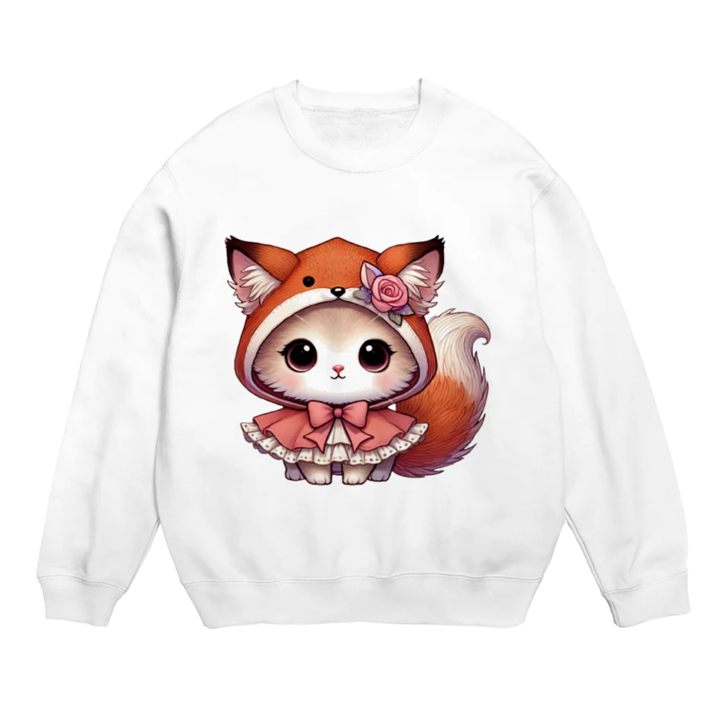 Snow-peaceの可愛いキツネのフードをかぶった子猫のイラスト Crew Neck Sweatshirt