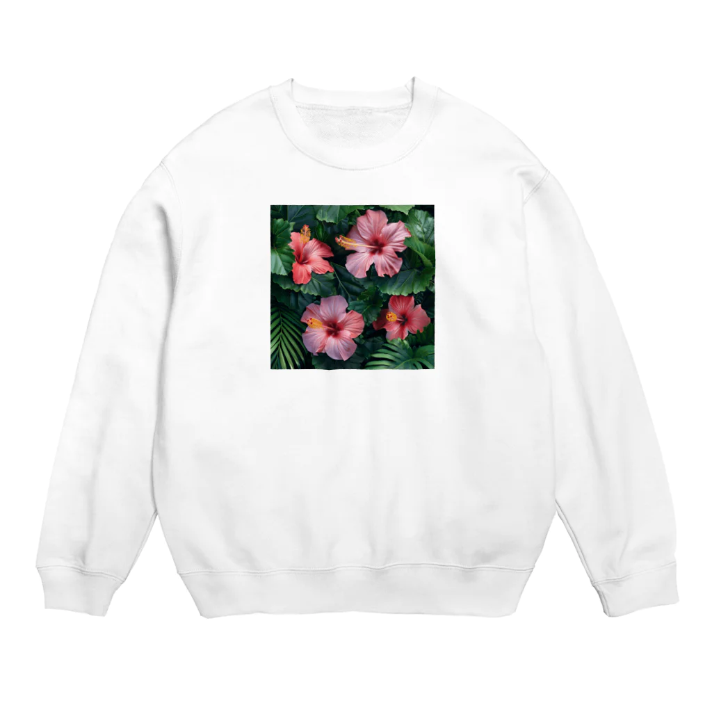 オンラインショップイエローリーフのピンク色のハイビスカスの花 Crew Neck Sweatshirt