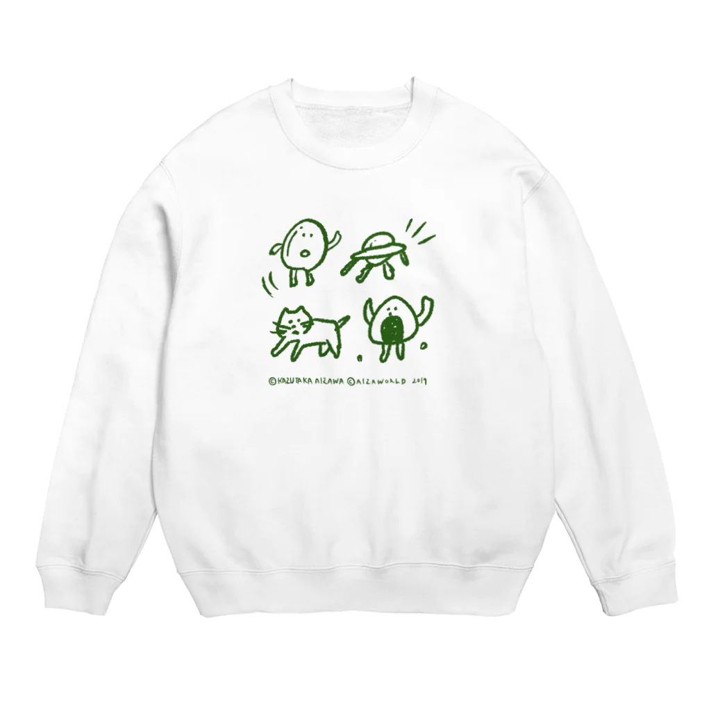 aizaknewton_aizawaのたまご・ユーホー・ネコ・おにぎり グリーン Crew Neck Sweatshirt