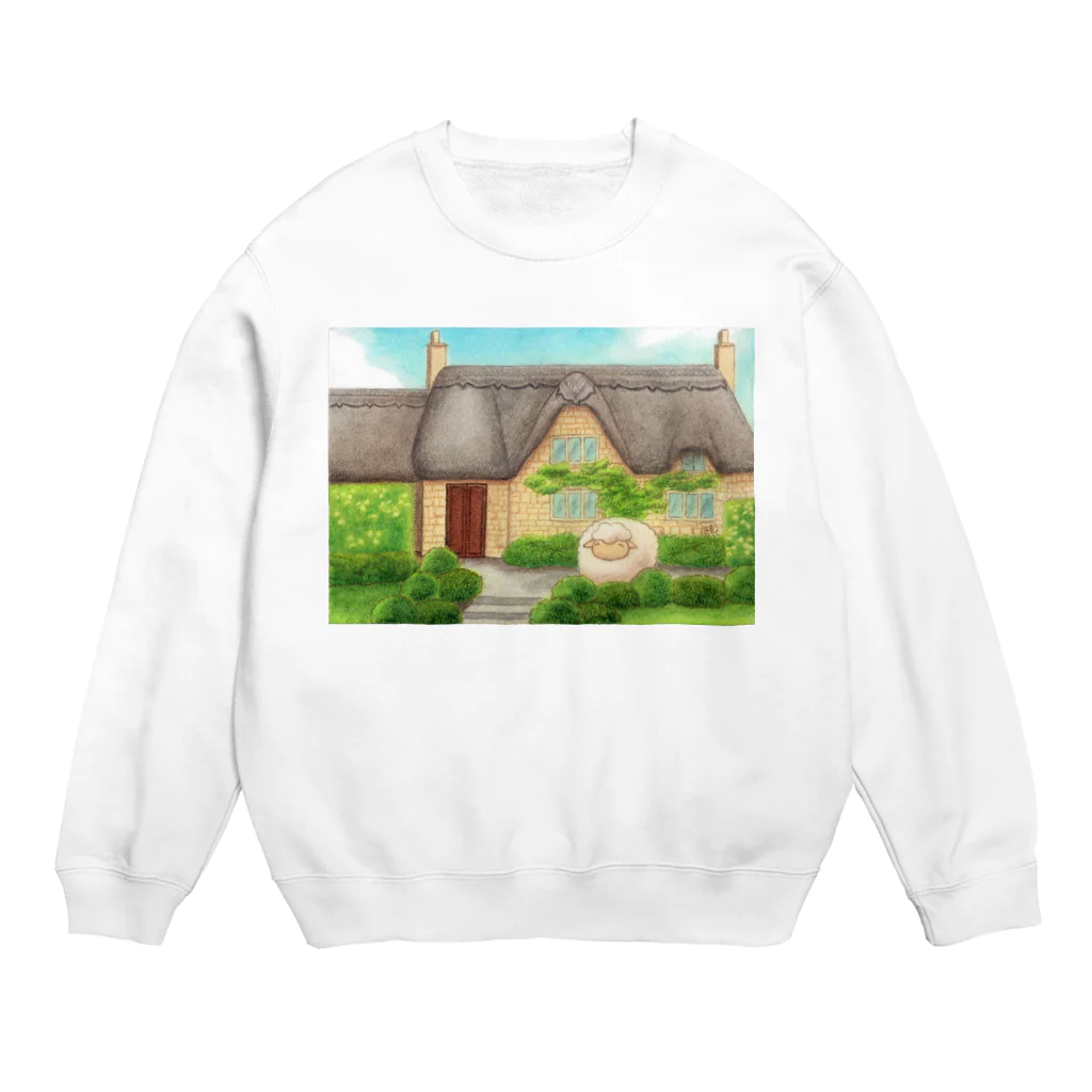 ひつじ好きのみそうギャラリーの茅葺屋根のお家とひつじさん Crew Neck Sweatshirt