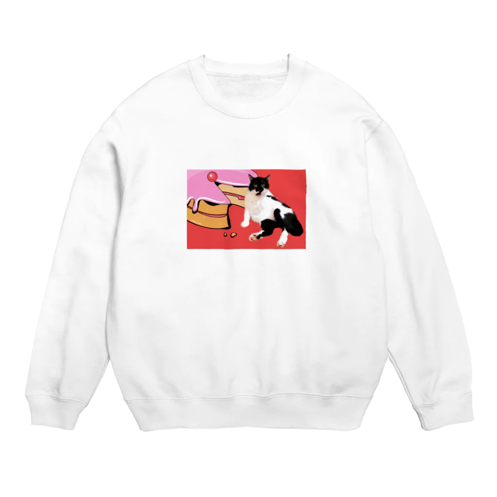 保護猫活動中すみパンさんへの支援ッズ！のNo.16 ケーキに寄りかかるバットにゃん Crew Neck Sweatshirt