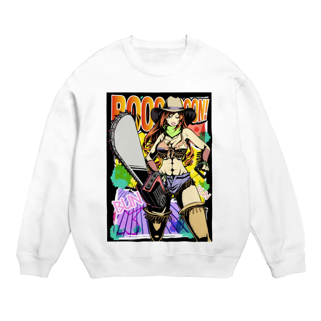 illust_designs_labのアメリカンコミック（アメコミ）風 セクシーなチェーンソーを持ったカウガール Crew Neck Sweatshirt