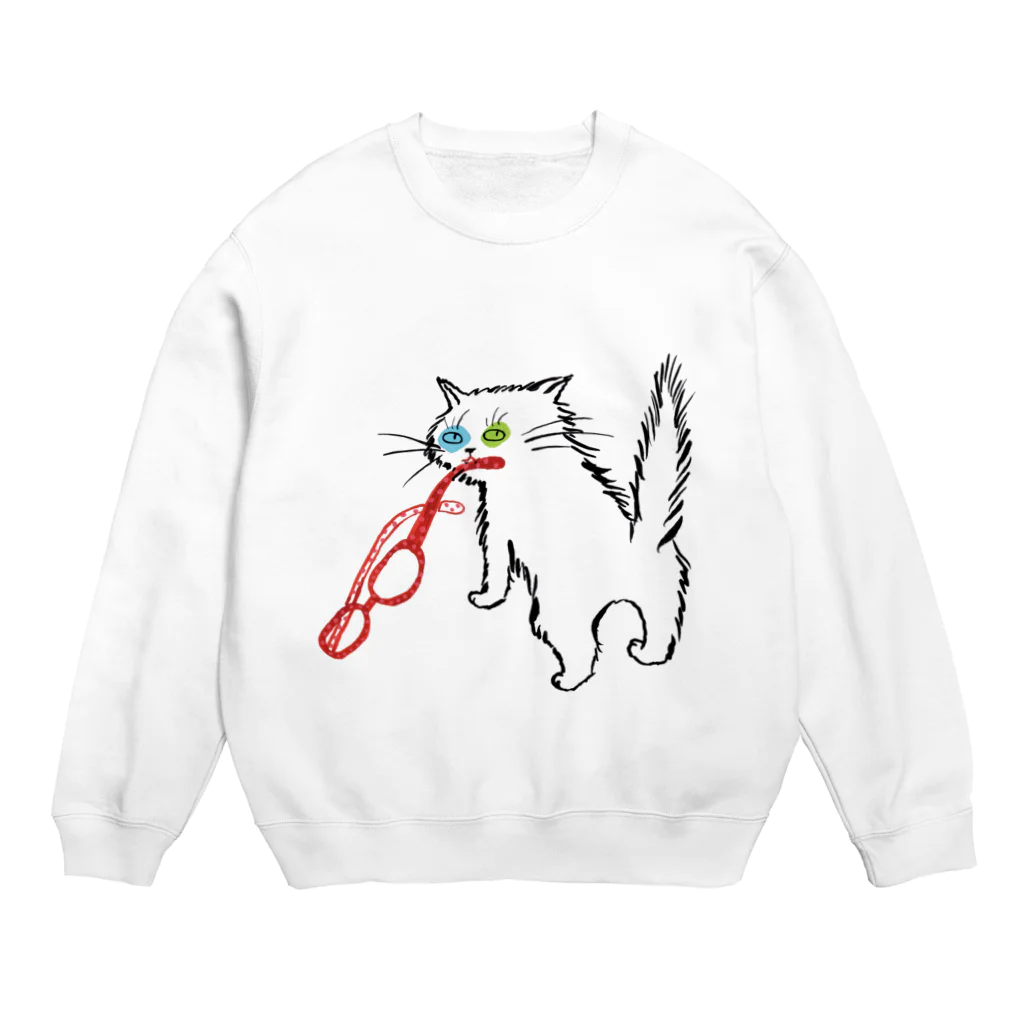 マイマイタケのメガネをくわえたオッドアイねこ Crew Neck Sweatshirt