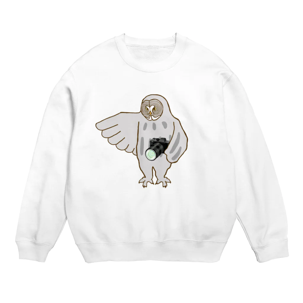 amyu-k フクロウセンターのカメラマンカラフトフクロウ Crew Neck Sweatshirt