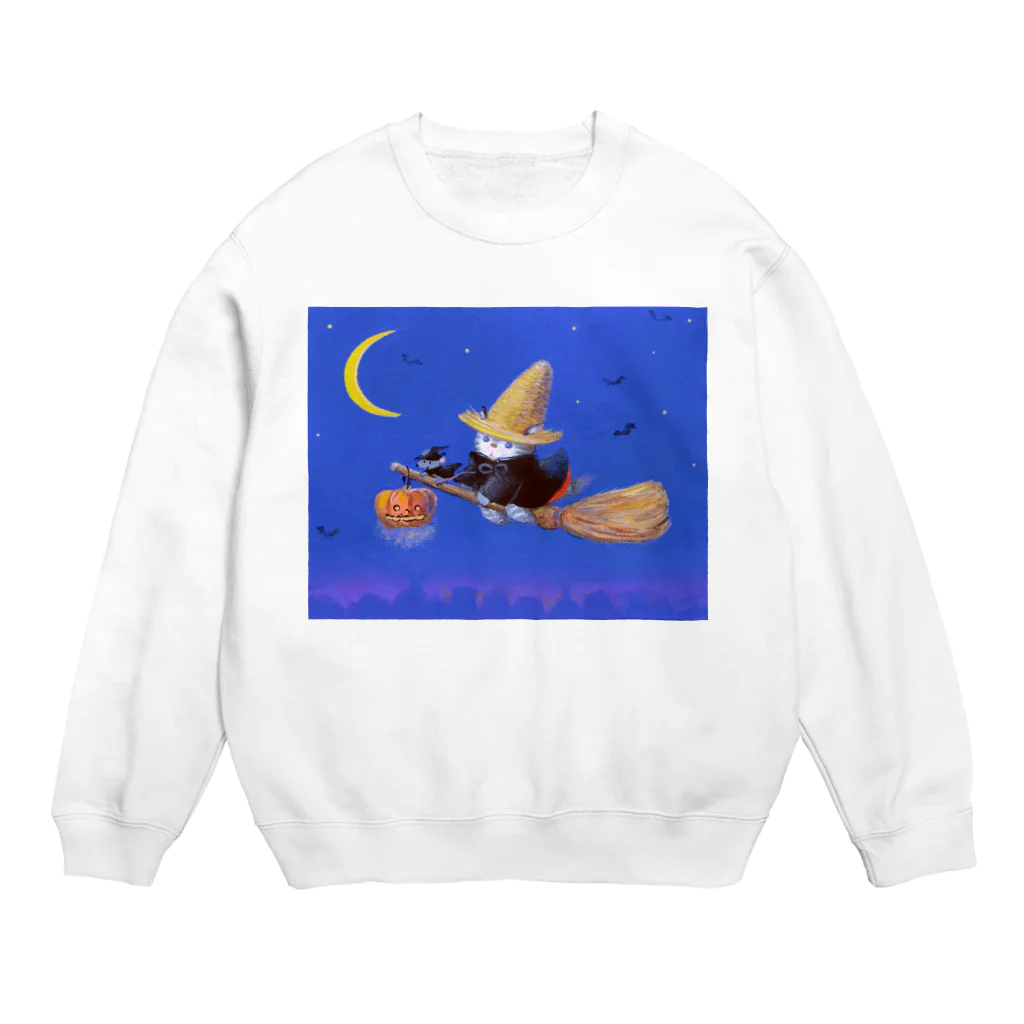 pinkychocolatの麦藁帽子をかぶった猫　ハロウィン　空飛ぶ箒 Crew Neck Sweatshirt