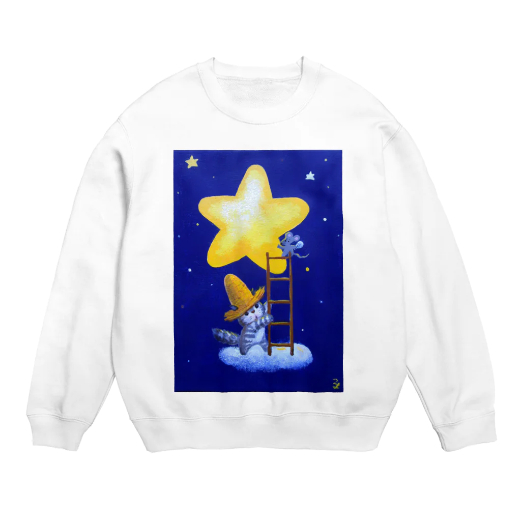 pinkychocolatの麦藁帽子をかぶった猫　星明かりの電気屋さん Crew Neck Sweatshirt