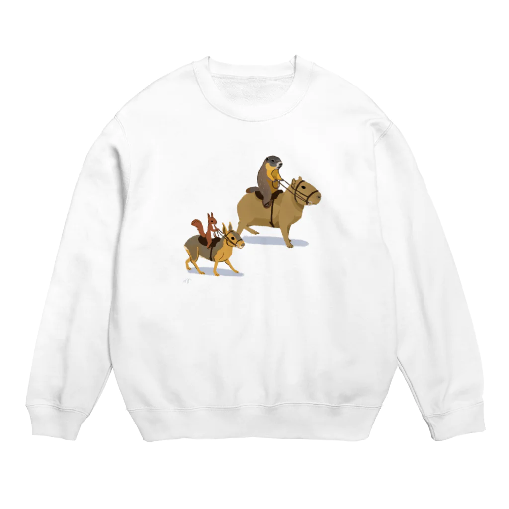 ねずりすSHOPの乗カピバラするマーモットと乗マーラするリス Crew Neck Sweatshirt