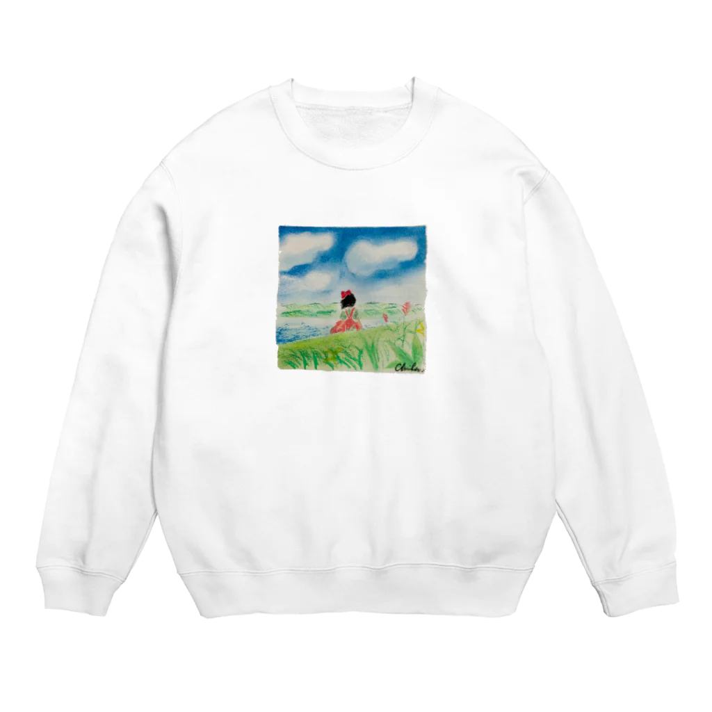 Pastel chachaの赤リボンの女の子 Crew Neck Sweatshirt