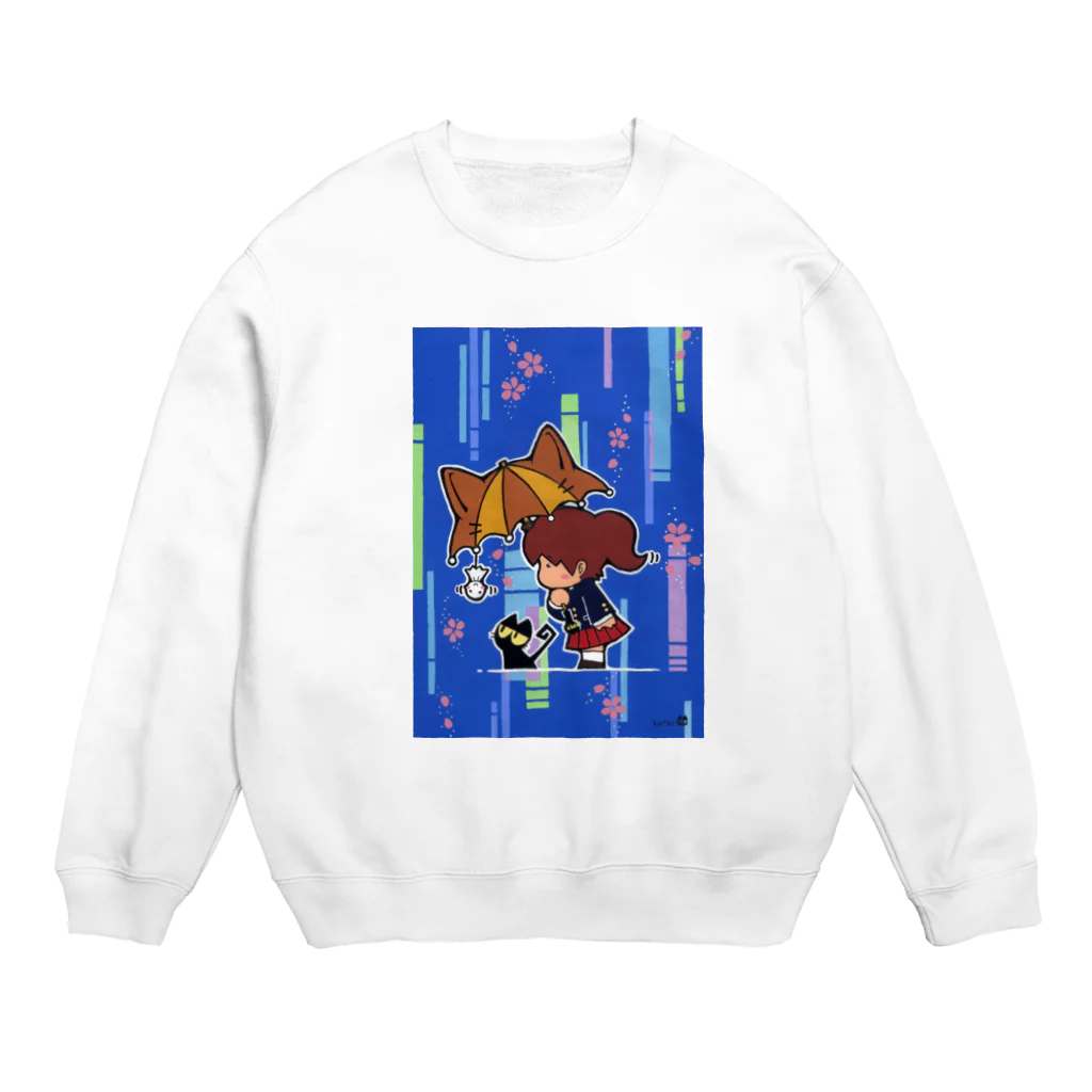 ざしきにゃんこ製作所の雨とさくらとにゃんこと私 Crew Neck Sweatshirt