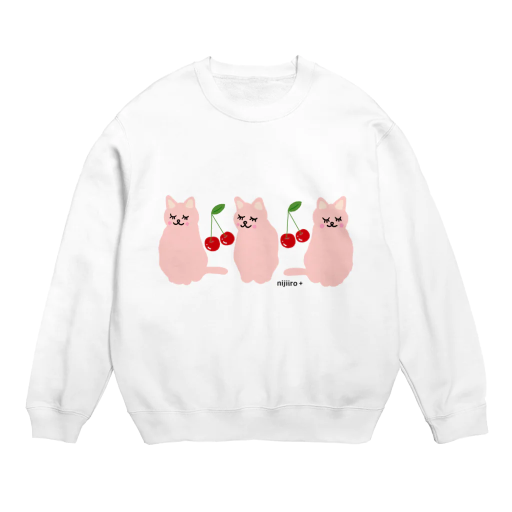 虹色PLUSのおすましキュートな猫ちゃんとサクランボ  ピンクカラー Crew Neck Sweatshirt