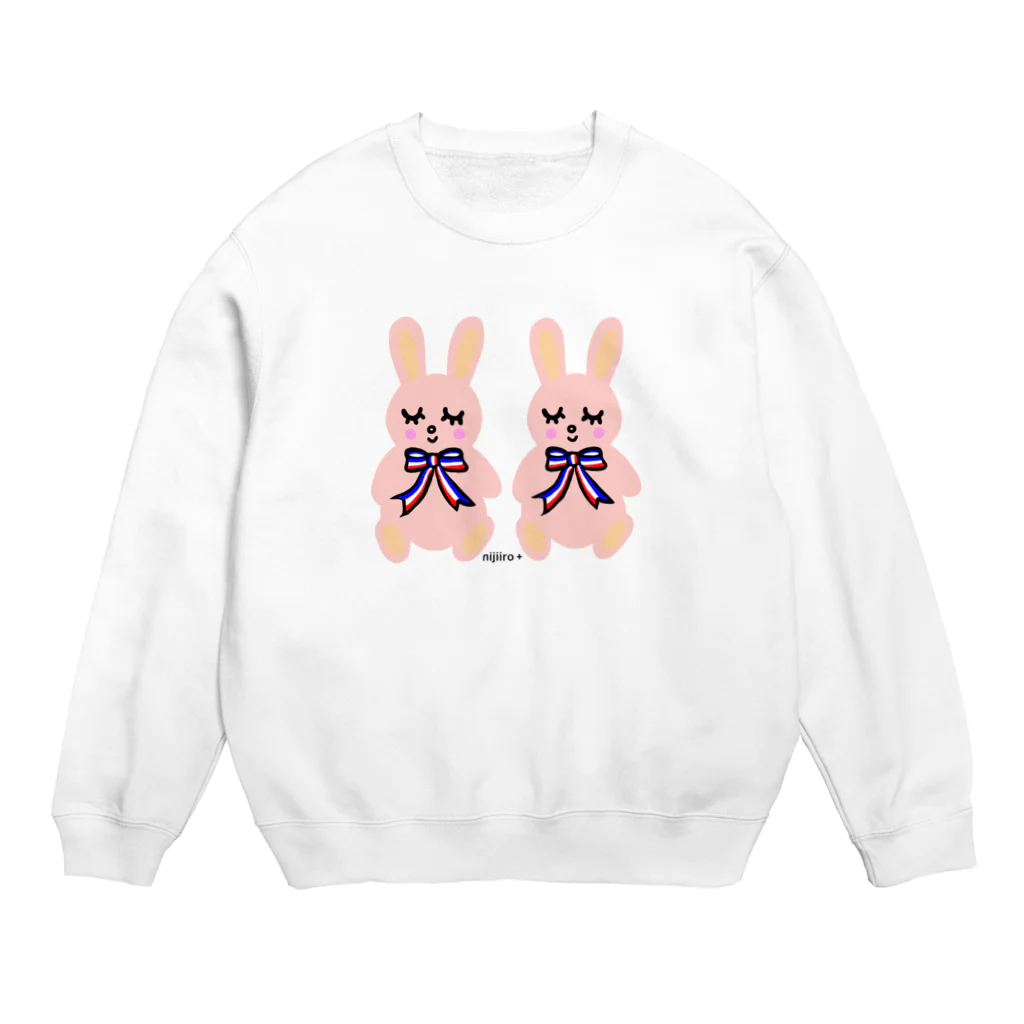 虹色PLUSのおすましウサギさん おしゃれトリコロールリボン Crew Neck Sweatshirt