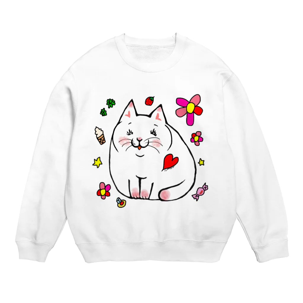 WataMayuroom☆のにこにこ白にゃんこ Crew Neck Sweatshirt