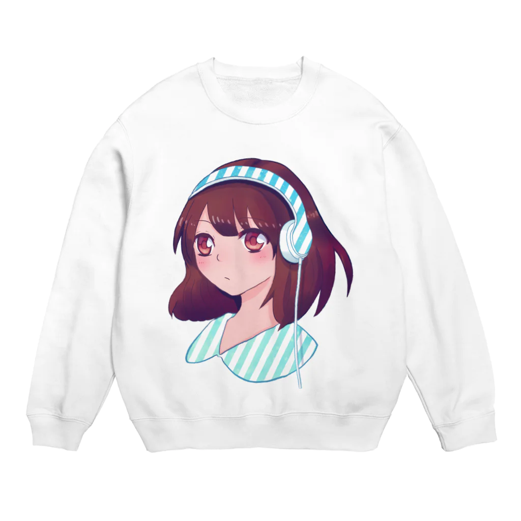 もふもふのイヤフォン少女とストライプ Crew Neck Sweatshirt