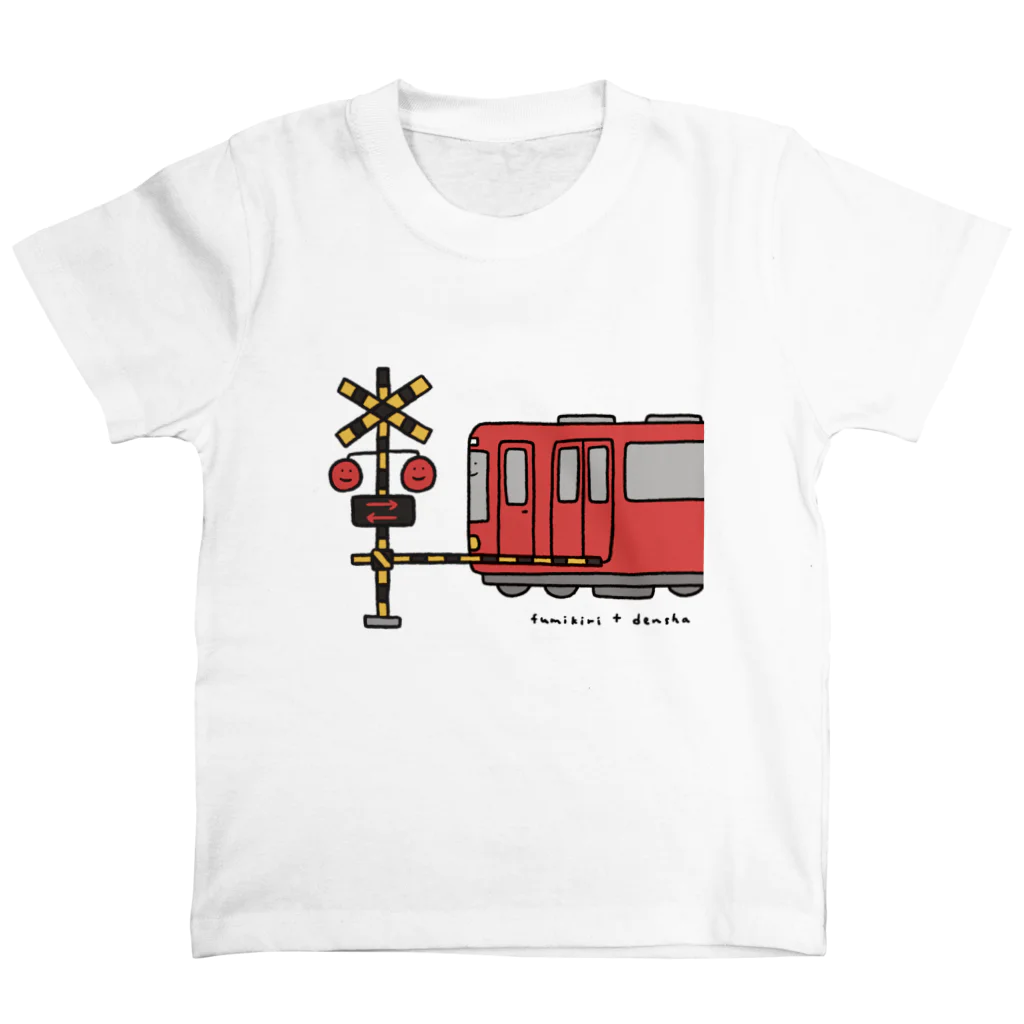 ぼんやり商会 SUZURI店の踏切さんと赤い電車さん Regular Fit T-Shirt