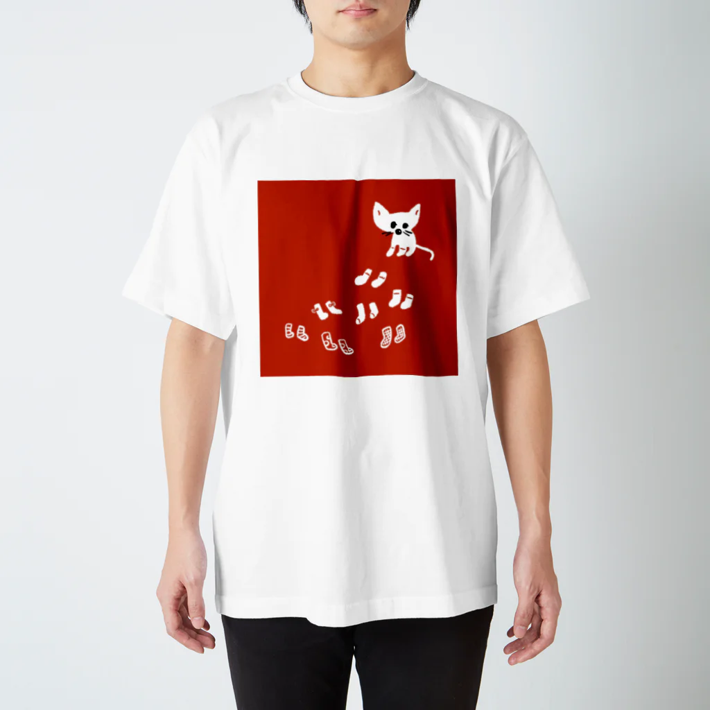 たなかのべりのくつしたねこ（赤） スタンダードTシャツ