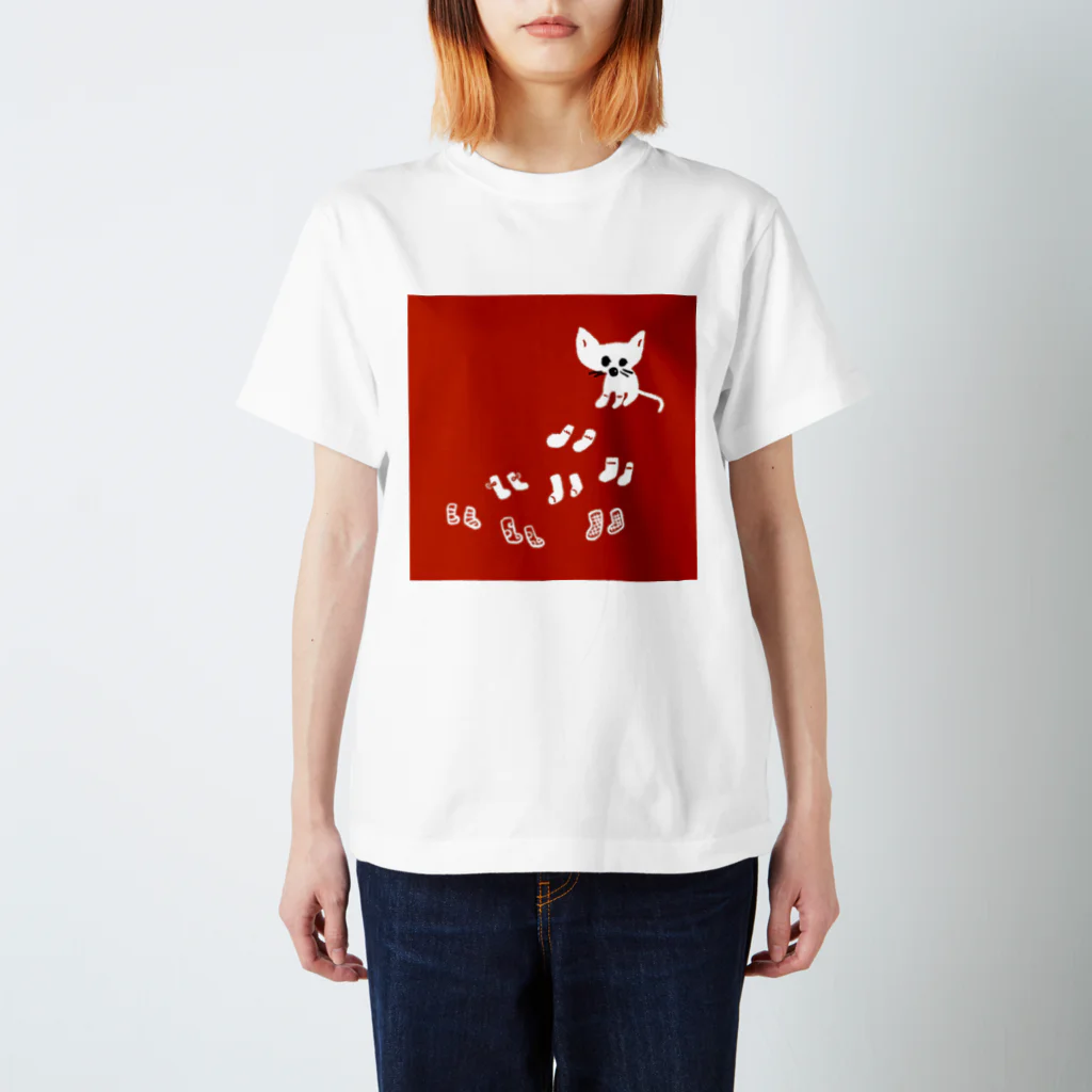 たなかのべりのくつしたねこ（赤） スタンダードTシャツ