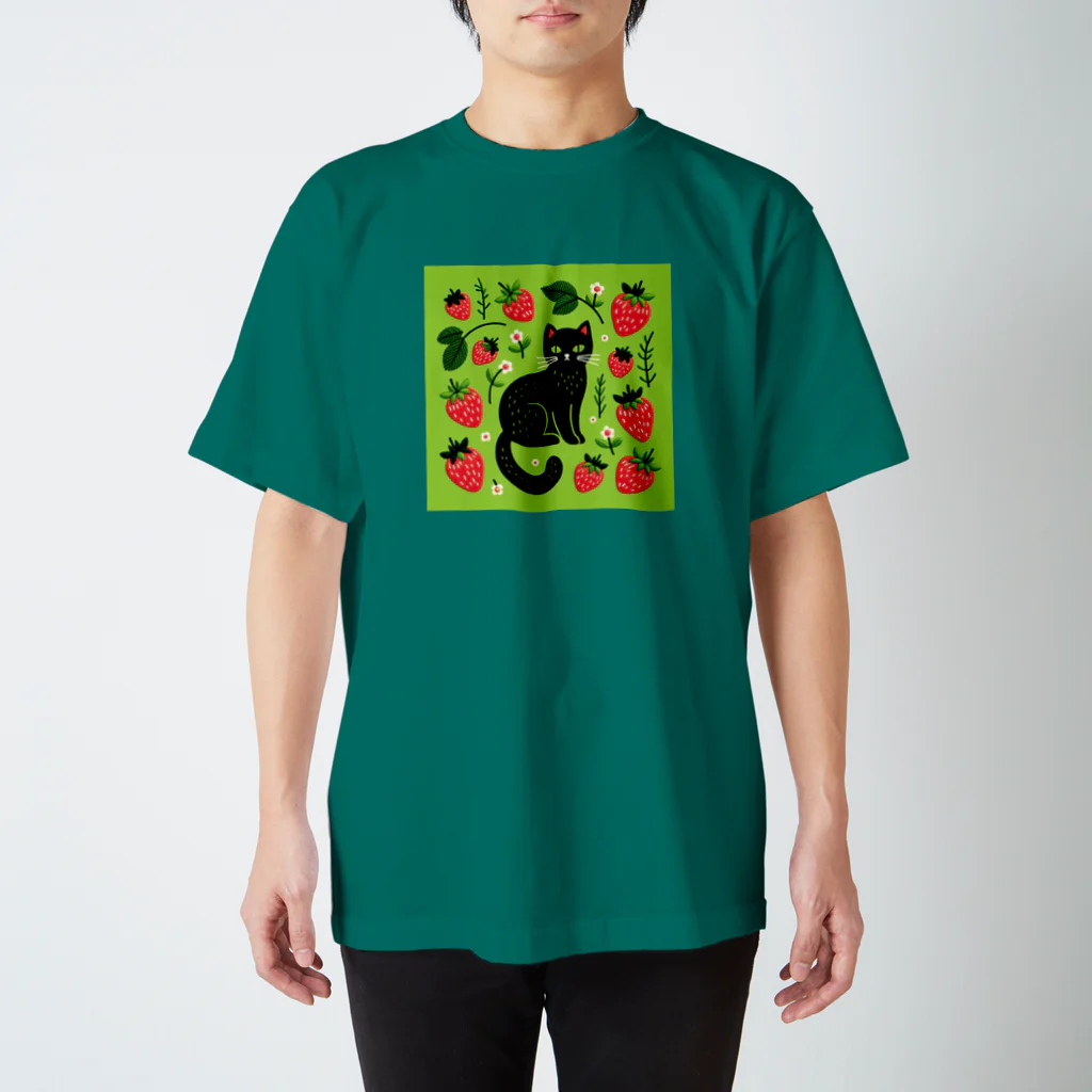 La-peaceの北欧風⑥刺繍柄の猫とイチゴ Regular Fit T-Shirt