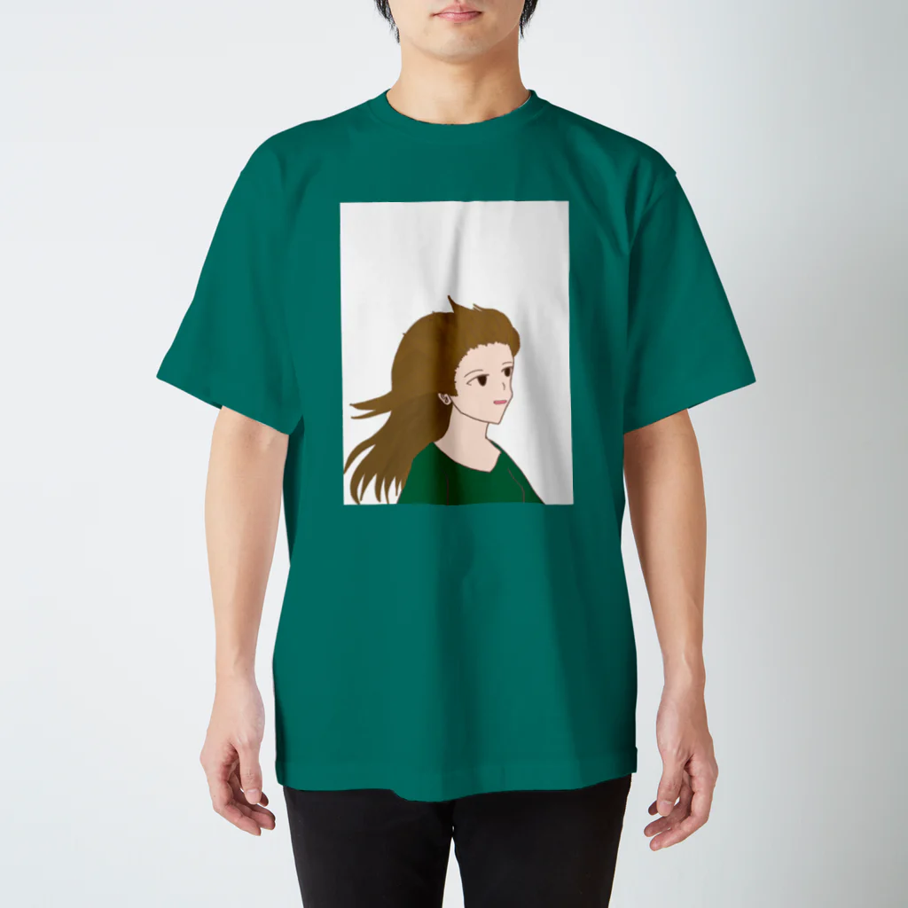 らくがき屋の吹かれる少女(深緑) Regular Fit T-Shirt