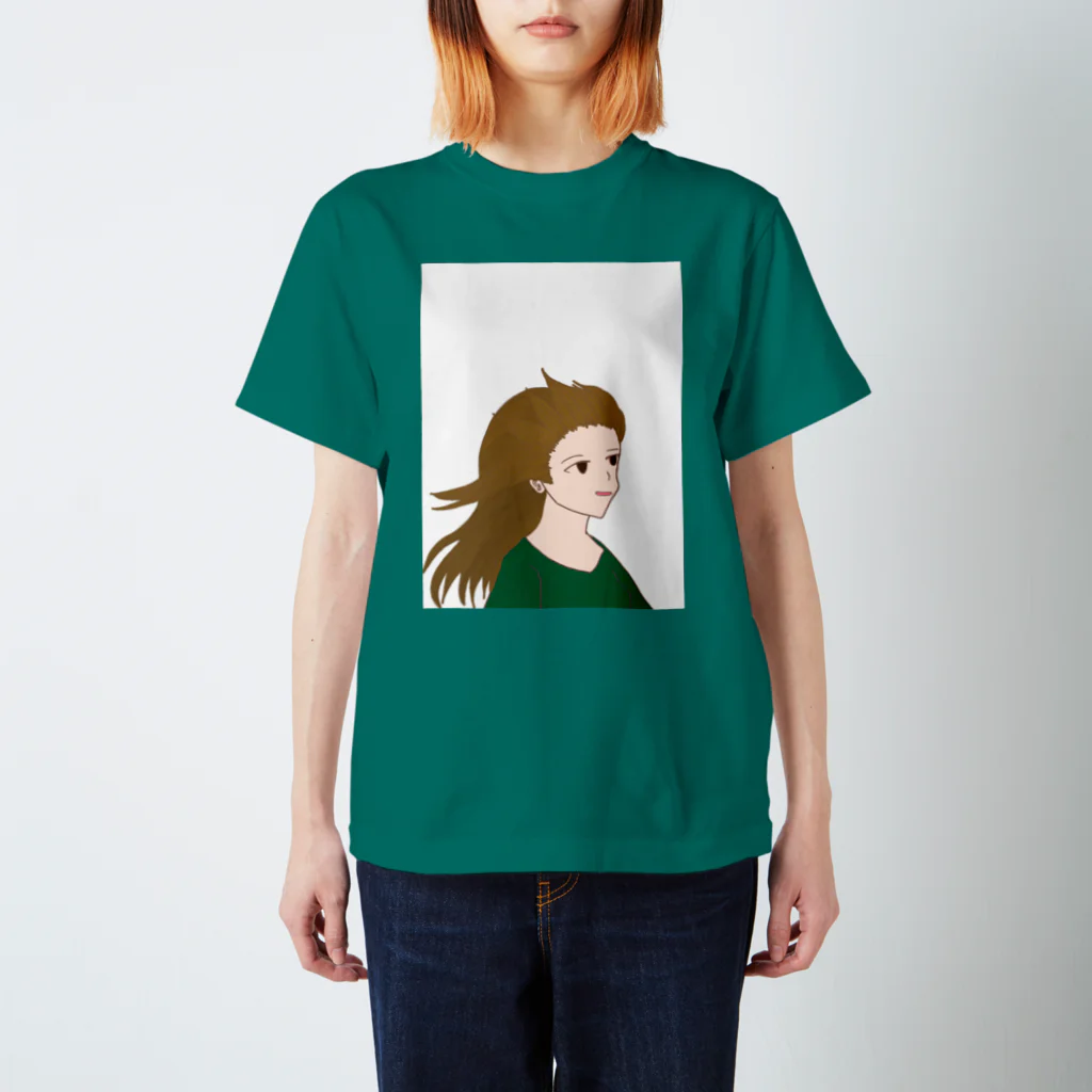 らくがき屋の吹かれる少女(深緑) Regular Fit T-Shirt