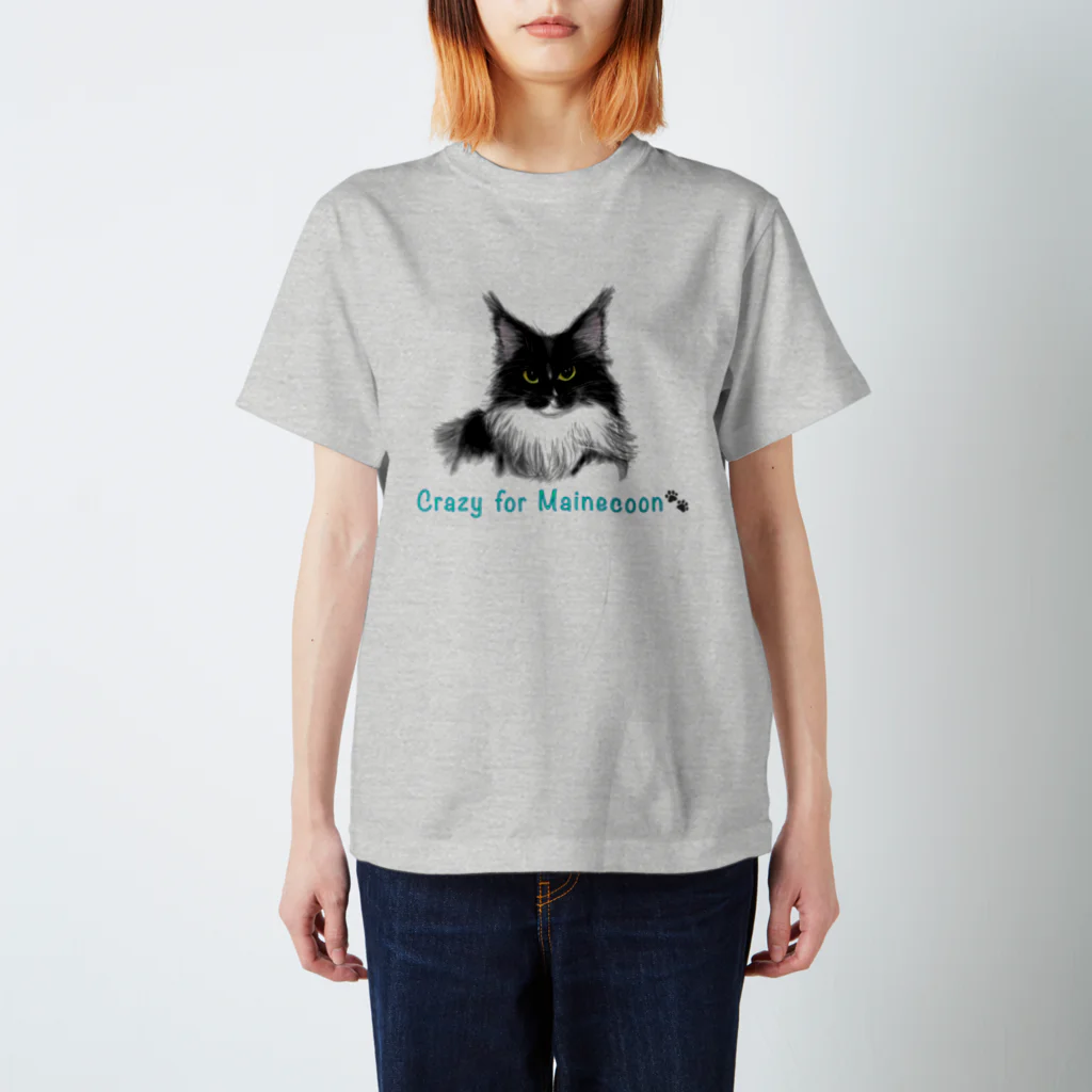 Crazy❤︎for Maincoon 猫🐈‍⬛Love メインクーンに夢中のMainecoon🐾Black&White Regular Fit T-Shirt