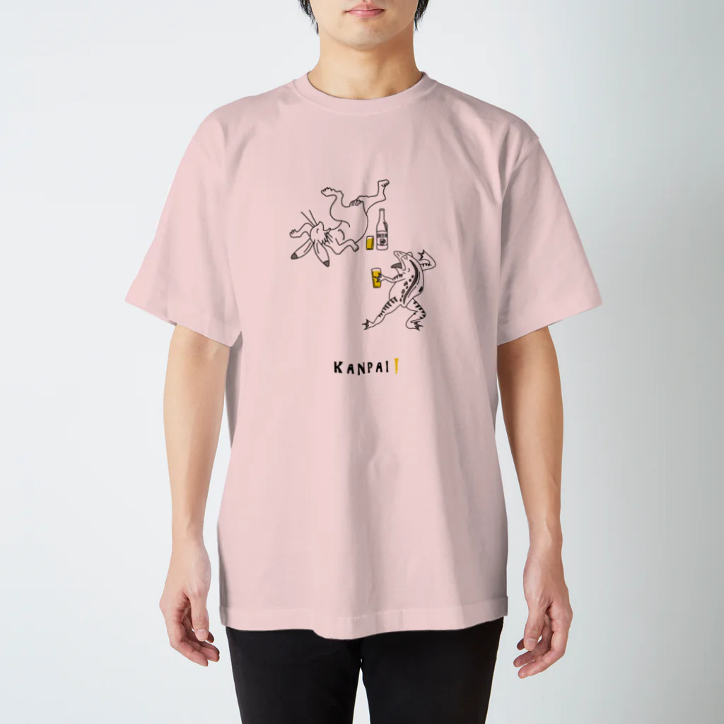 ビールとアート TM-3 Designの名画 × BEER（鳥獣戯画）黒線画 スタンダードTシャツ