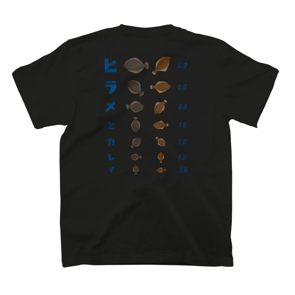 ★SUZURIのTシャツセール開催中！！！☆kg_shopの[★バック] ヒラメとカレイ【視力検査表パロディ】 Regular Fit T-Shirtの裏面