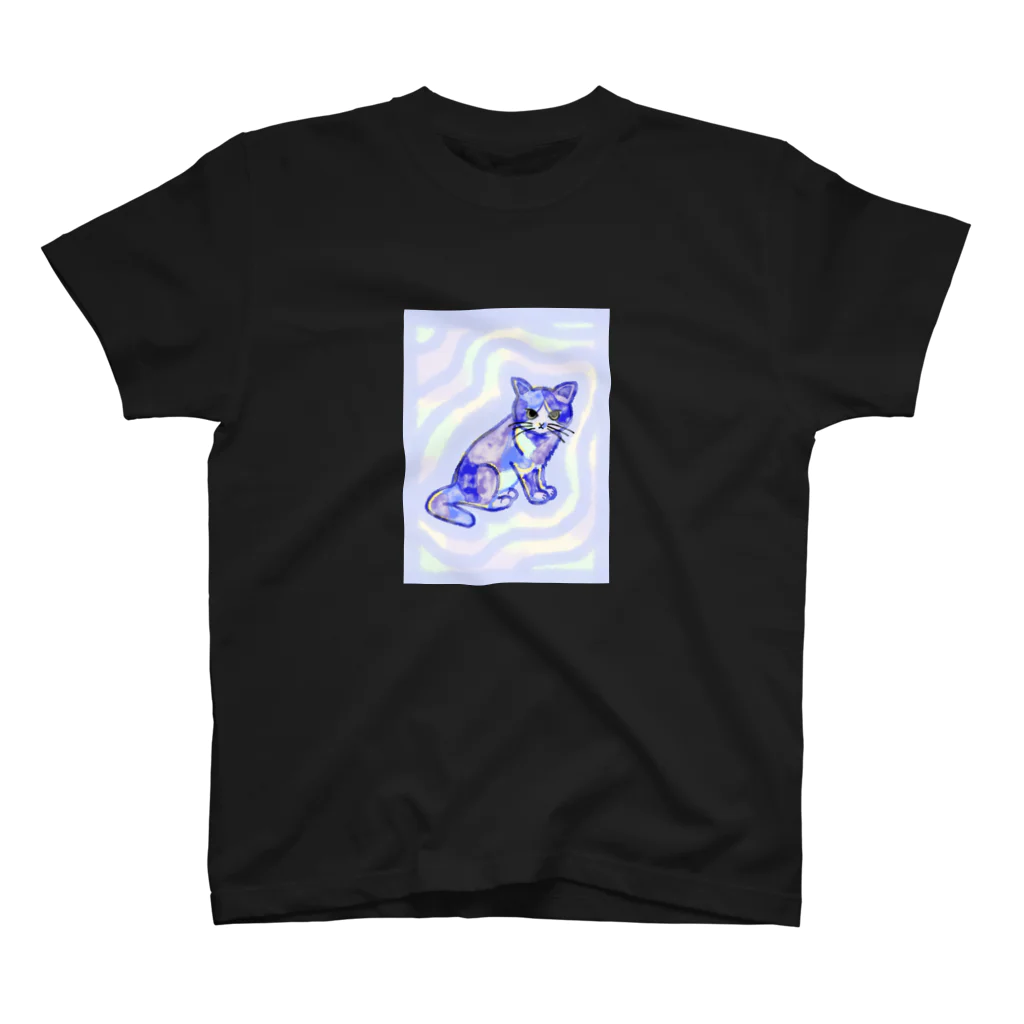 キイロイオハナのハチワレ猫　(水彩画:ブルー) Regular Fit T-Shirt