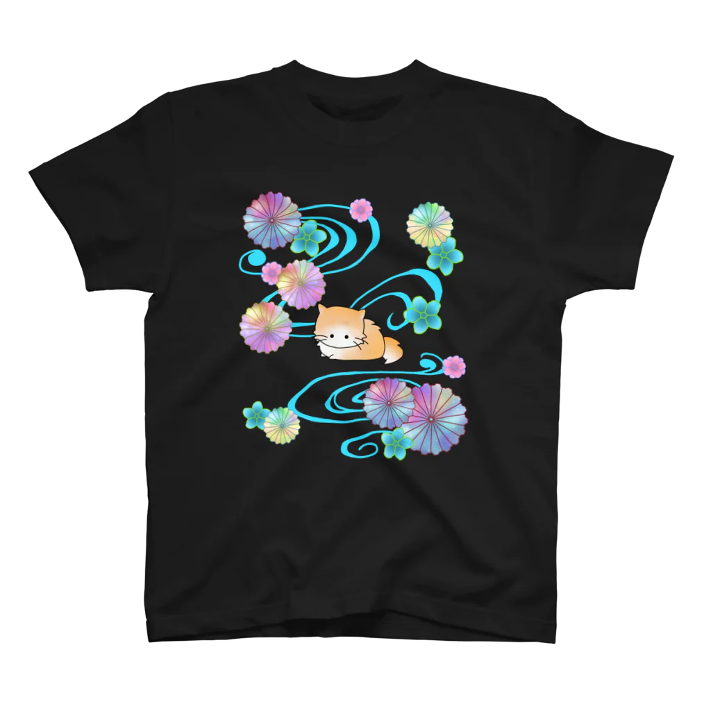いろはにゃんこ堂のグラデーションの花と短い足の猫さん Regular Fit T-Shirt