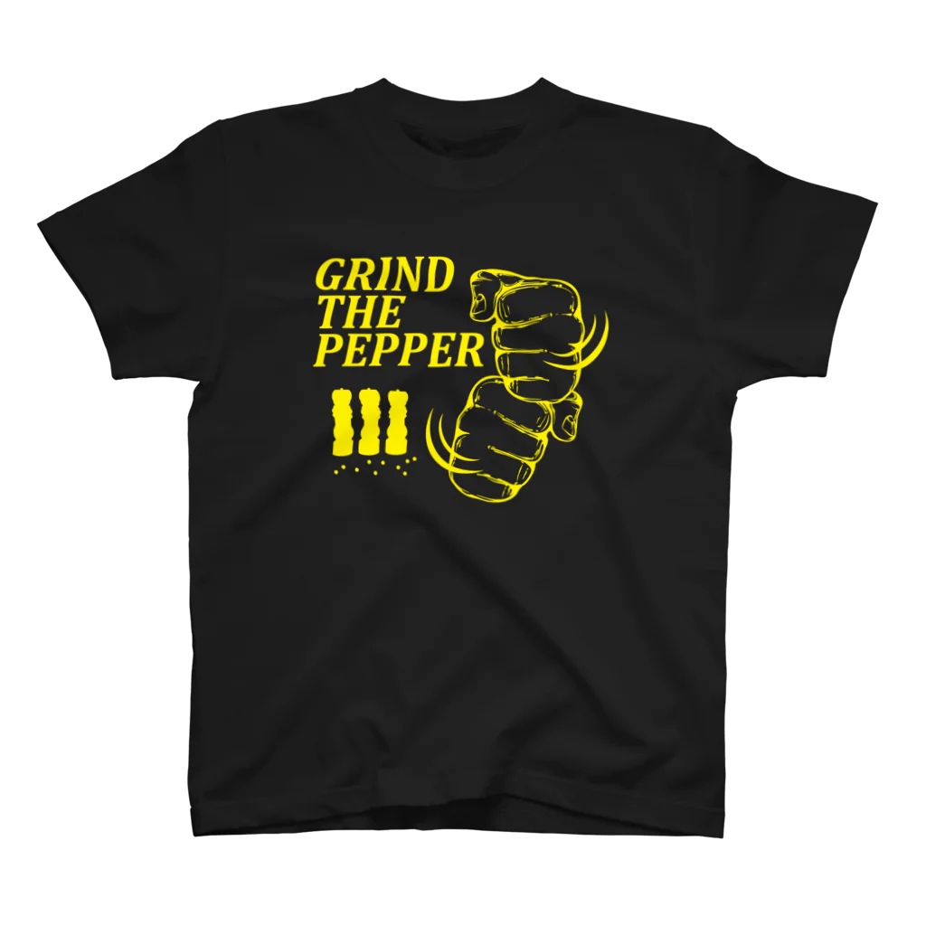 オノマトピアのペッパーミル・パフォーマンス(GRIND THE PEPPER)胡椒挽き・文字イエロー Regular Fit T-Shirt