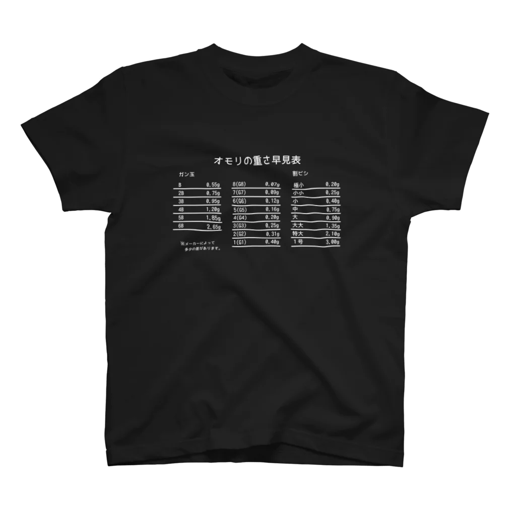 釣り＆お魚デザイン販売中！つりビス！SUZURI店のオモリの重さ早見表(白文字) Regular Fit T-Shirt